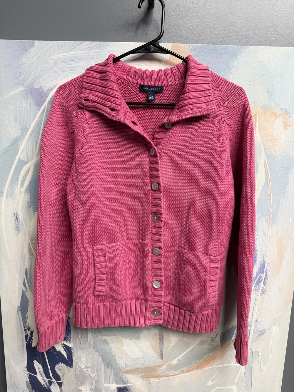 Vintage 90s Lands’ End Pink Cotton Cardigan Sweater L/P 14-16 Chunky Knit